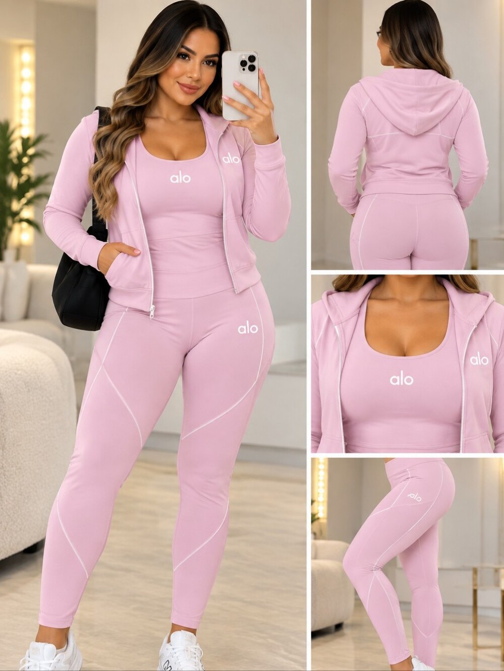 ALO Yoga Dusty Pink High-Rise Legging & Zip Hoodie Set